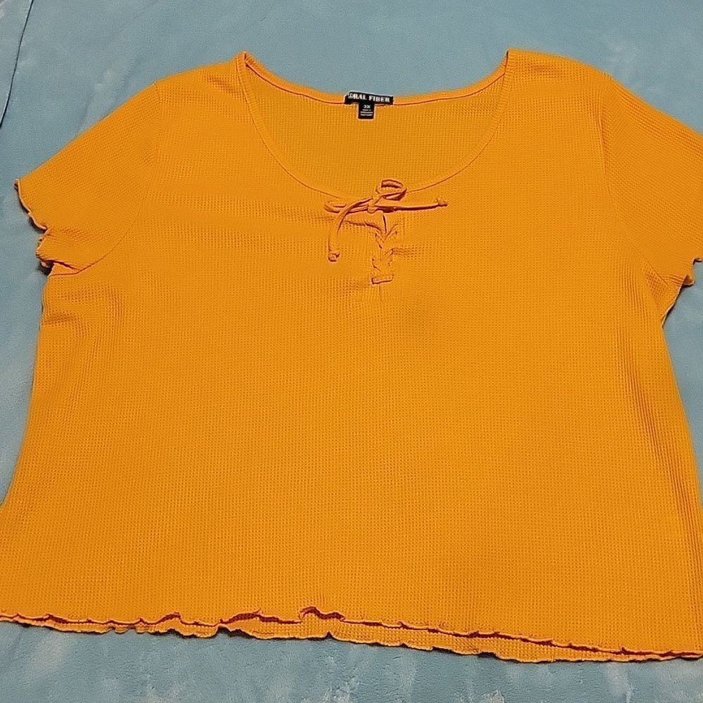 Oral  Fiber size 3X yellow waffle weave short sleeve top
